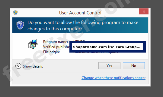 Screenshot where ShopAtHome.com (Belcaro Group, Inc.) appears as the verified publisher in the UAC dialog